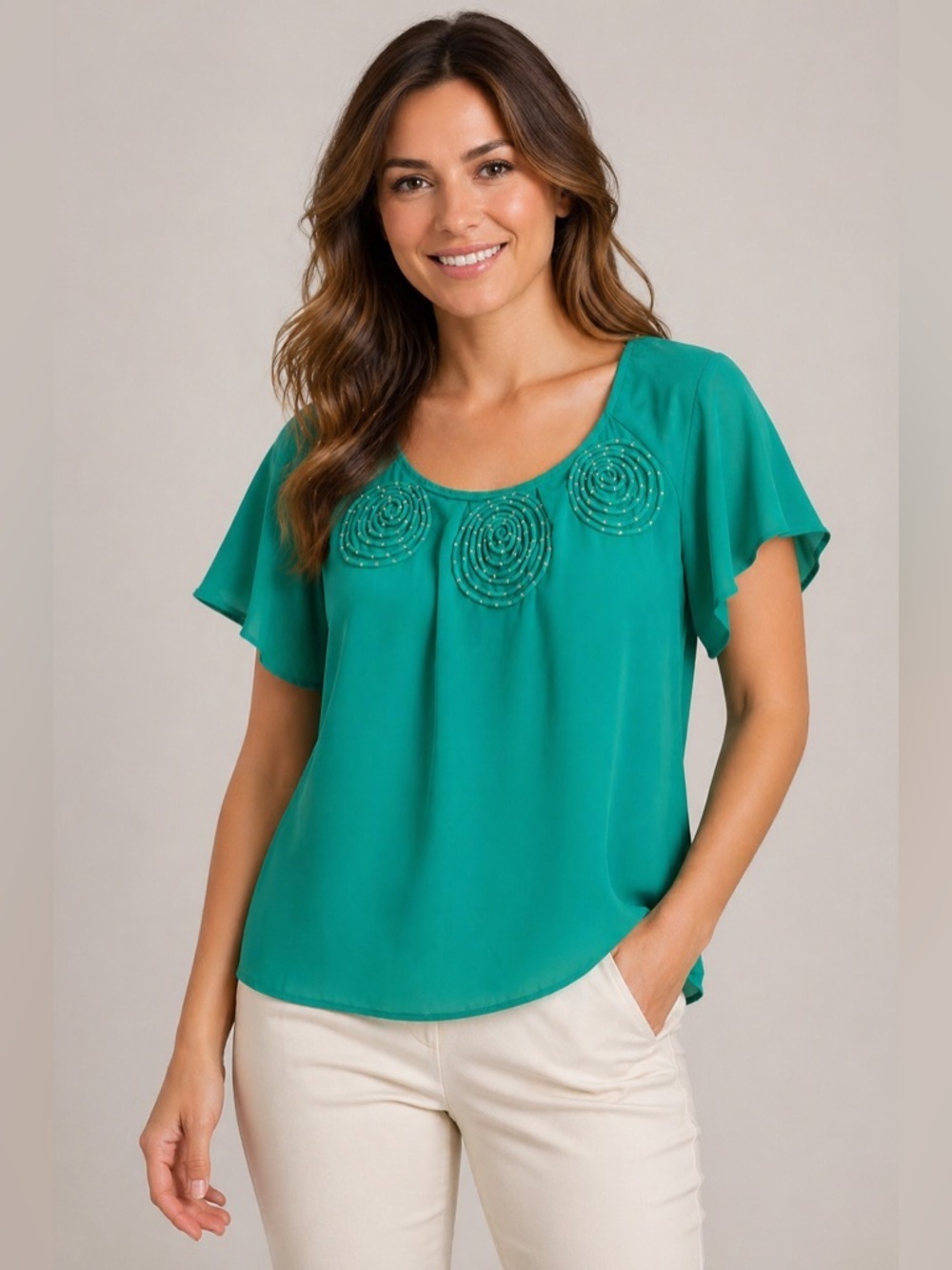 Apostrophe Women’s L Green Blouse Rosette Beaded Neck Short Sleeve Sheer Top